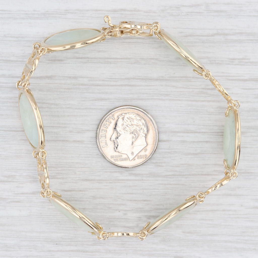 Light Gray Jadeite Jade Hololith Chinese Character Circle Link Bracelet 14k Gold 7.25"