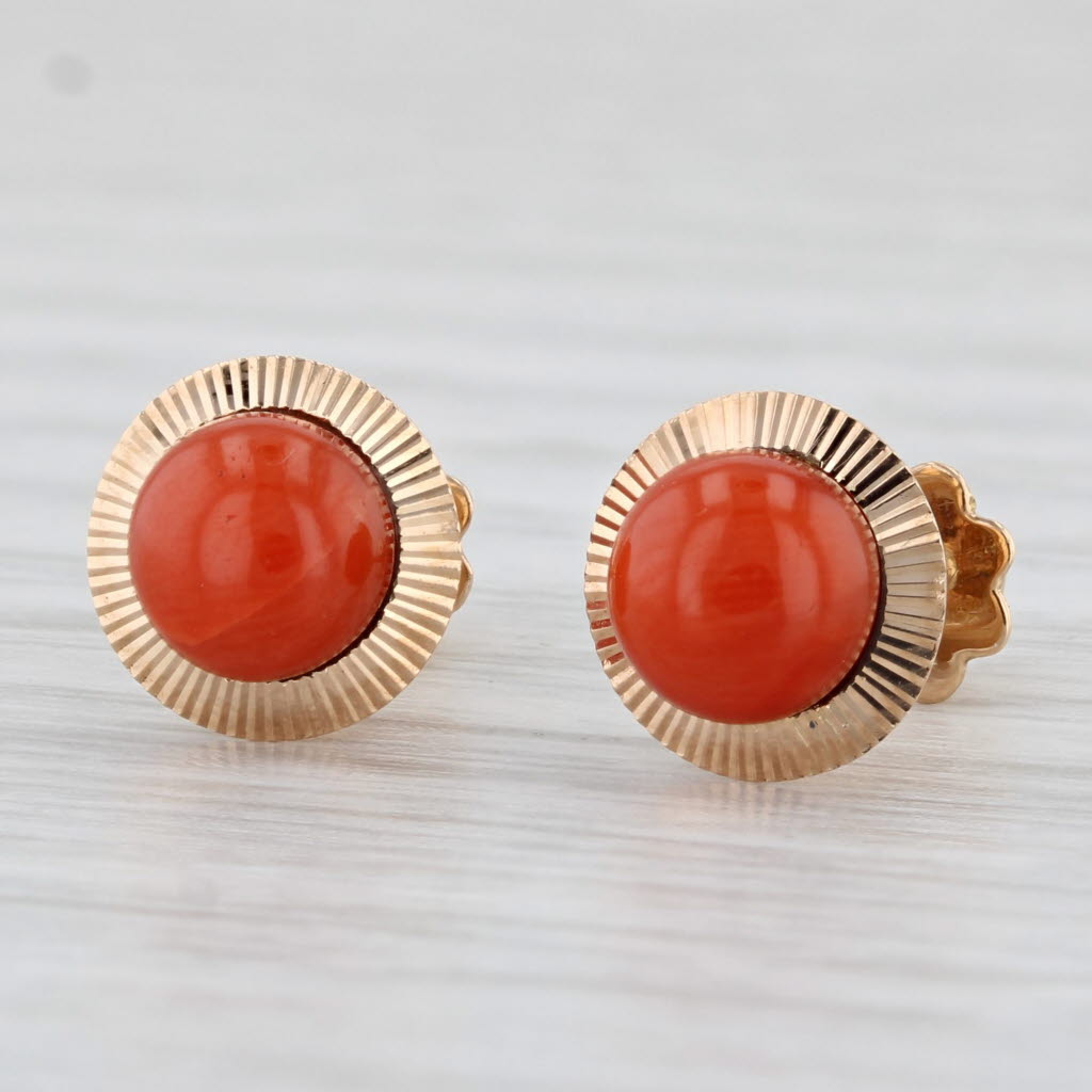 Light Gray Coral Button Stud Earrings 18k Yellow Gold Round Bead Solitaires