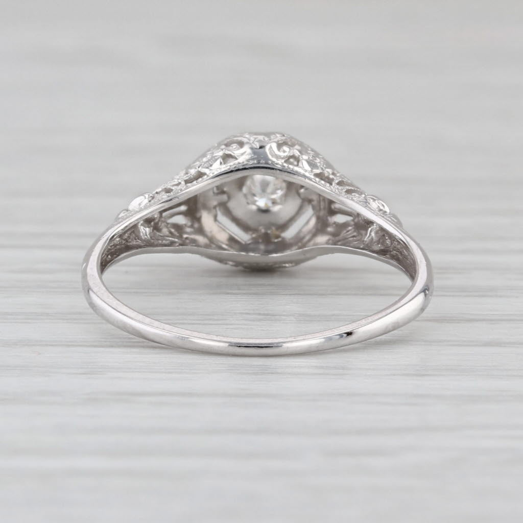 Art Deco Diamond Solitaire Ring 18k White Gold Filigree Size 7.5