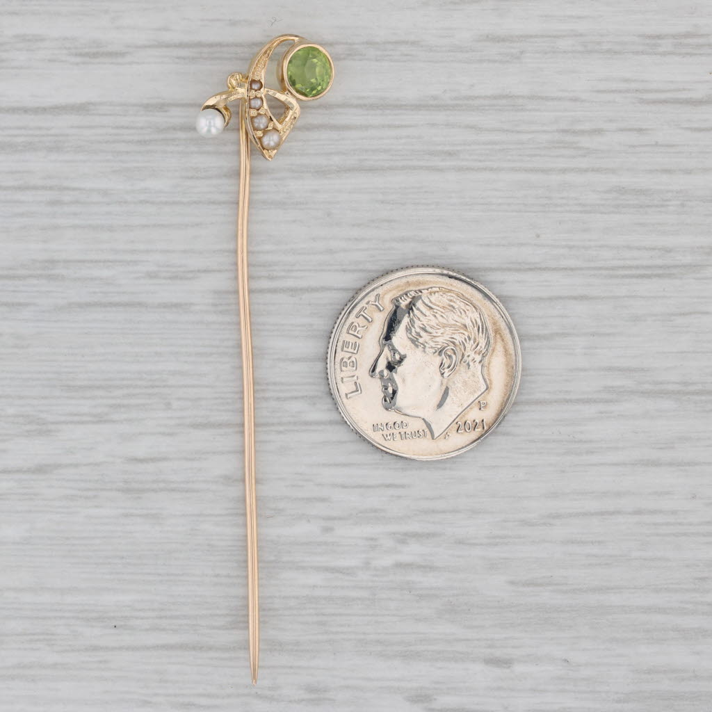 Gray Vintage Peridot Cultured Pearl Stickpin 14k 10k Yellow Gold