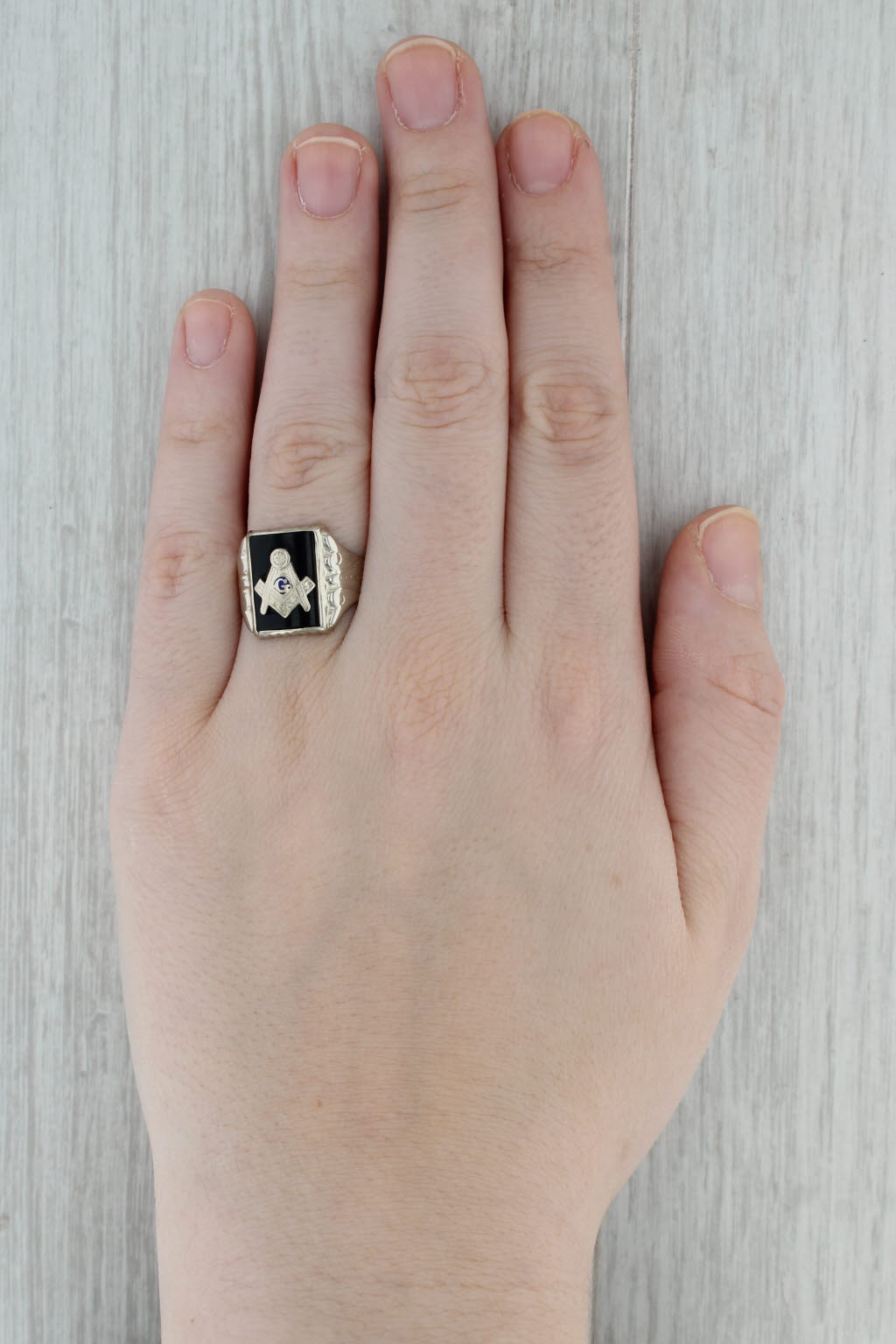 Dark Gray Onyx Masonic Signet Ring 14k White Gold Square Compass Blue Lodge Size 9.5
