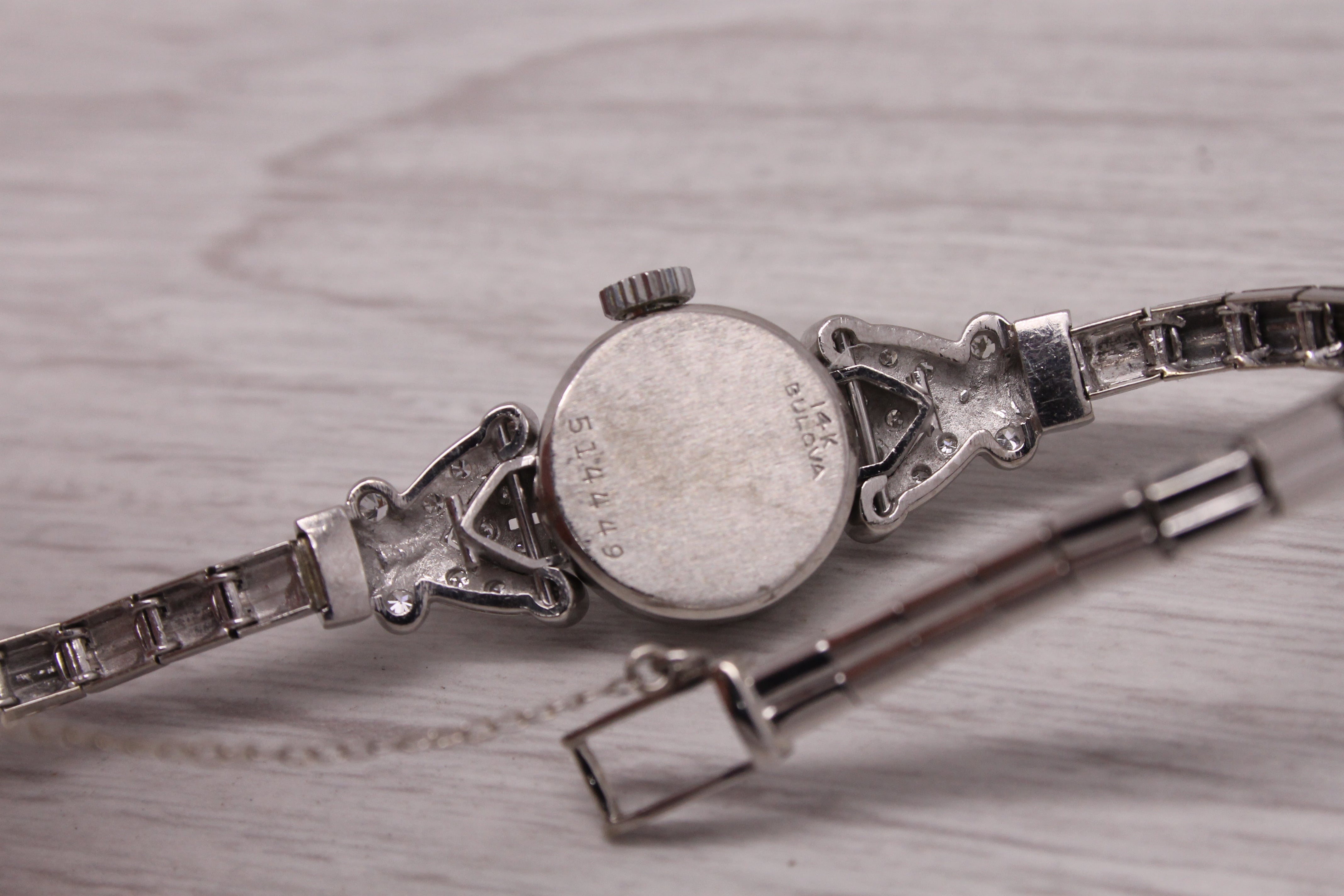 Dark Gray Vintage Bulova Ladies 14k White Gold & Diamond Wrist Watch 0.30ctw - Serviced -
