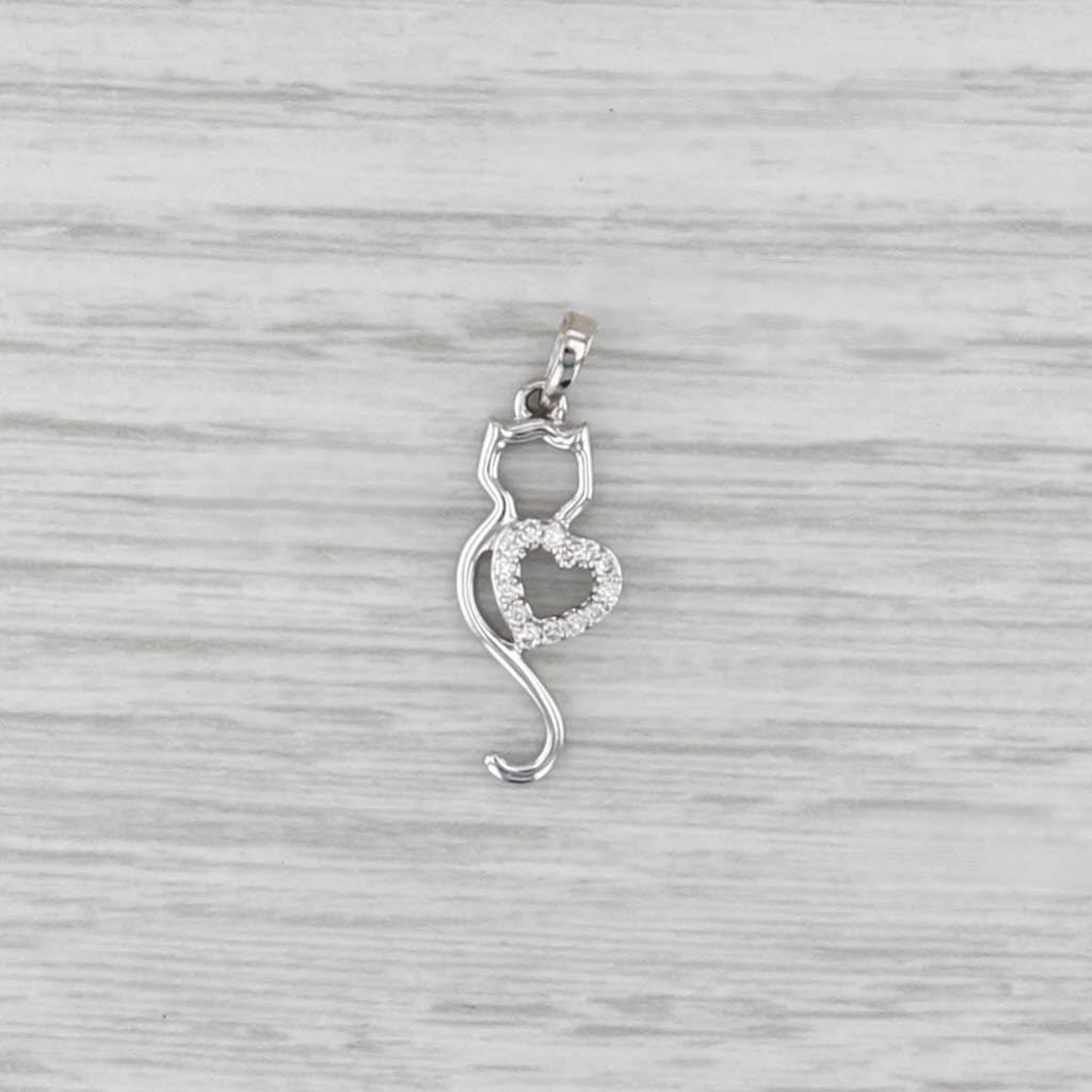 Diamond Heart Cat Pendant 14k White Gold Charm