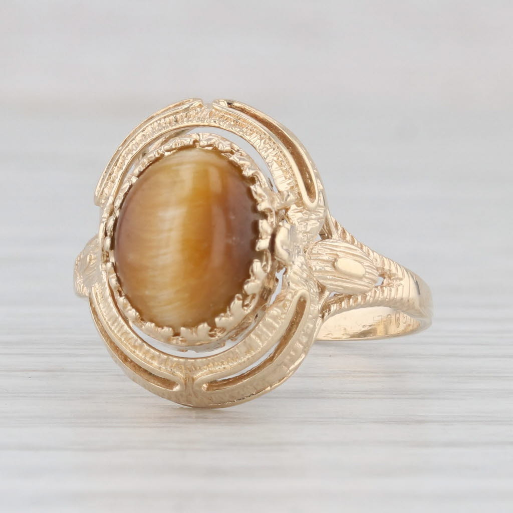 Light Gray Green Jadeite Jade Brown Tiger's Eye Flip Ring 10k Yellow Gold Size 7.5