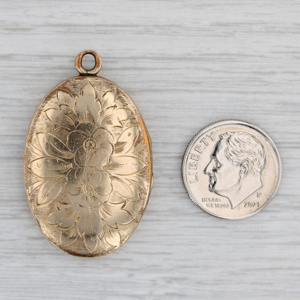 Gray Vintage Flower Engraved Picture Locket Pendant Gold Filled Floral Engravable