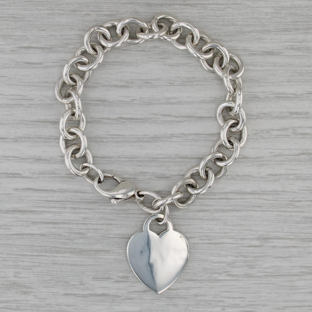 Tiffany & Co Engravable Heart Charm Bracelet Sterling Silver 6.75" Cable Chain