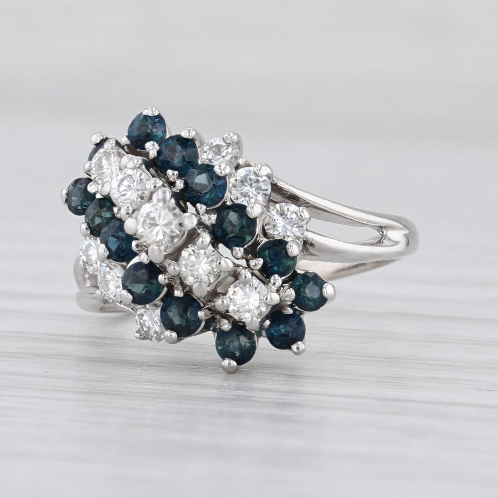 1ctw Blue Sapphire Diamond Cluster Bypass Ring 14k White Gold Size 5.25