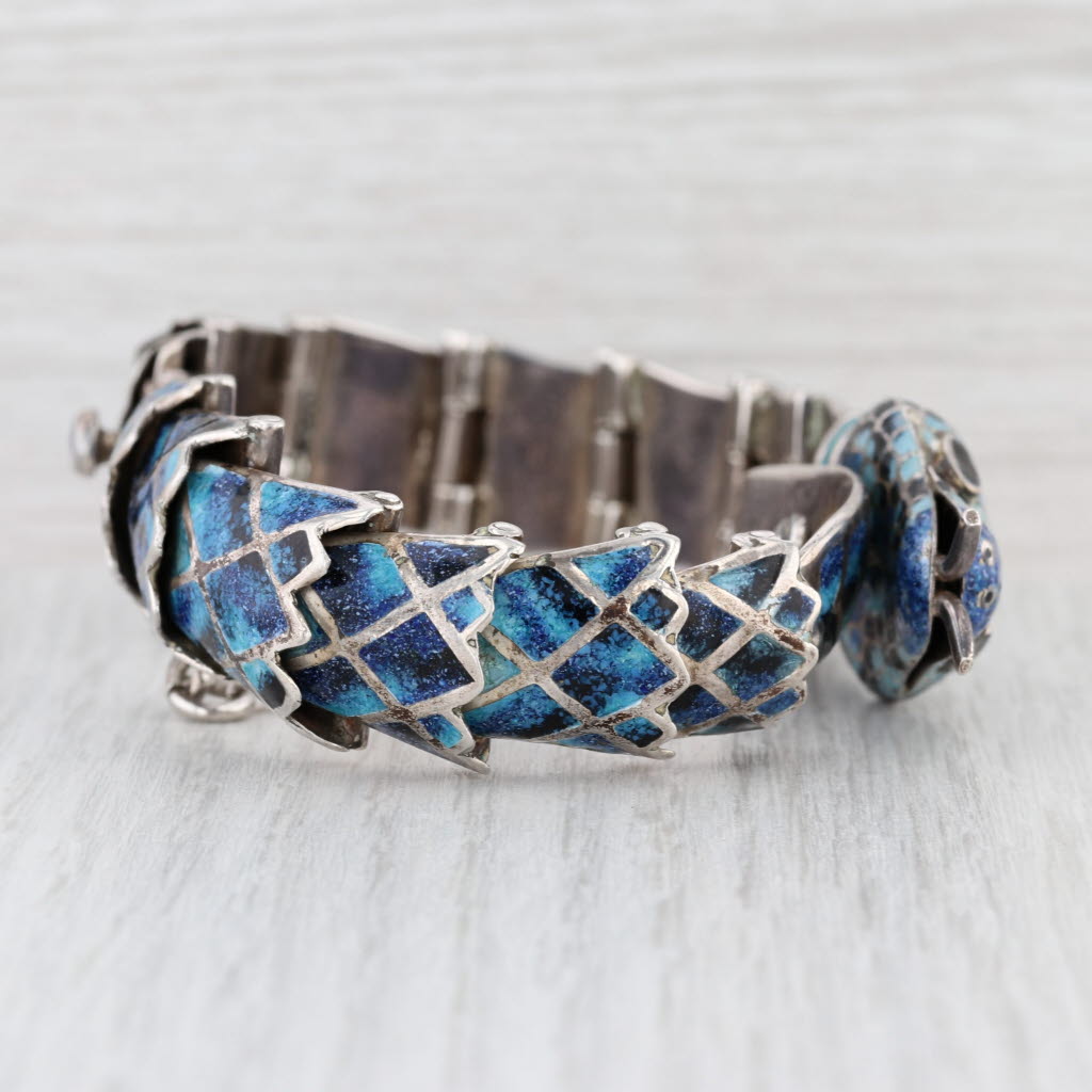 Snake Bangle Bracelet Jeronimo Fuonks Taxco Mexico Sterling Silver Enamel 7.75"