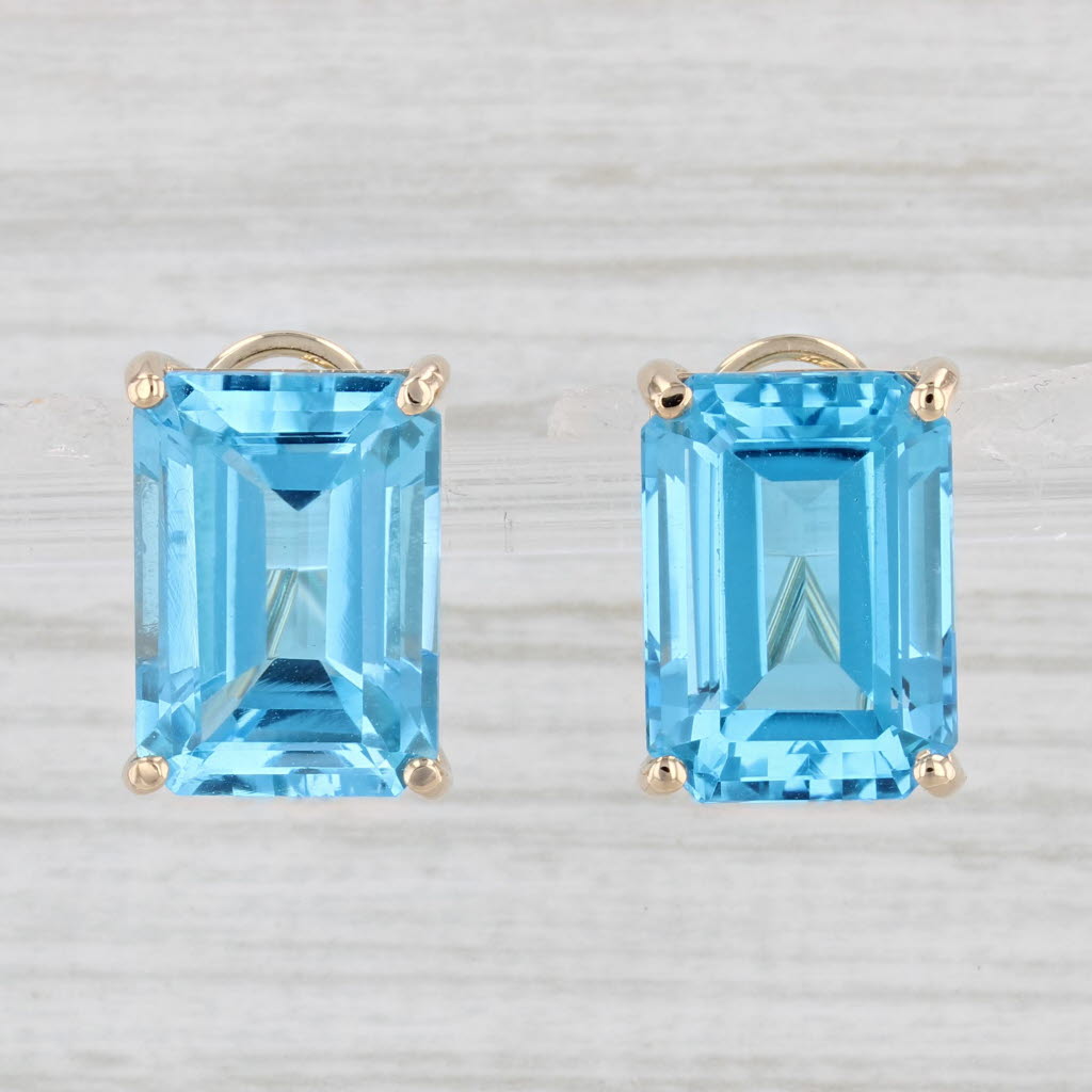 Light Gray 20.50ctw Blue Topaz Drop Earrings 14k Gold Emerald Cut Solitaires Omega Backs
