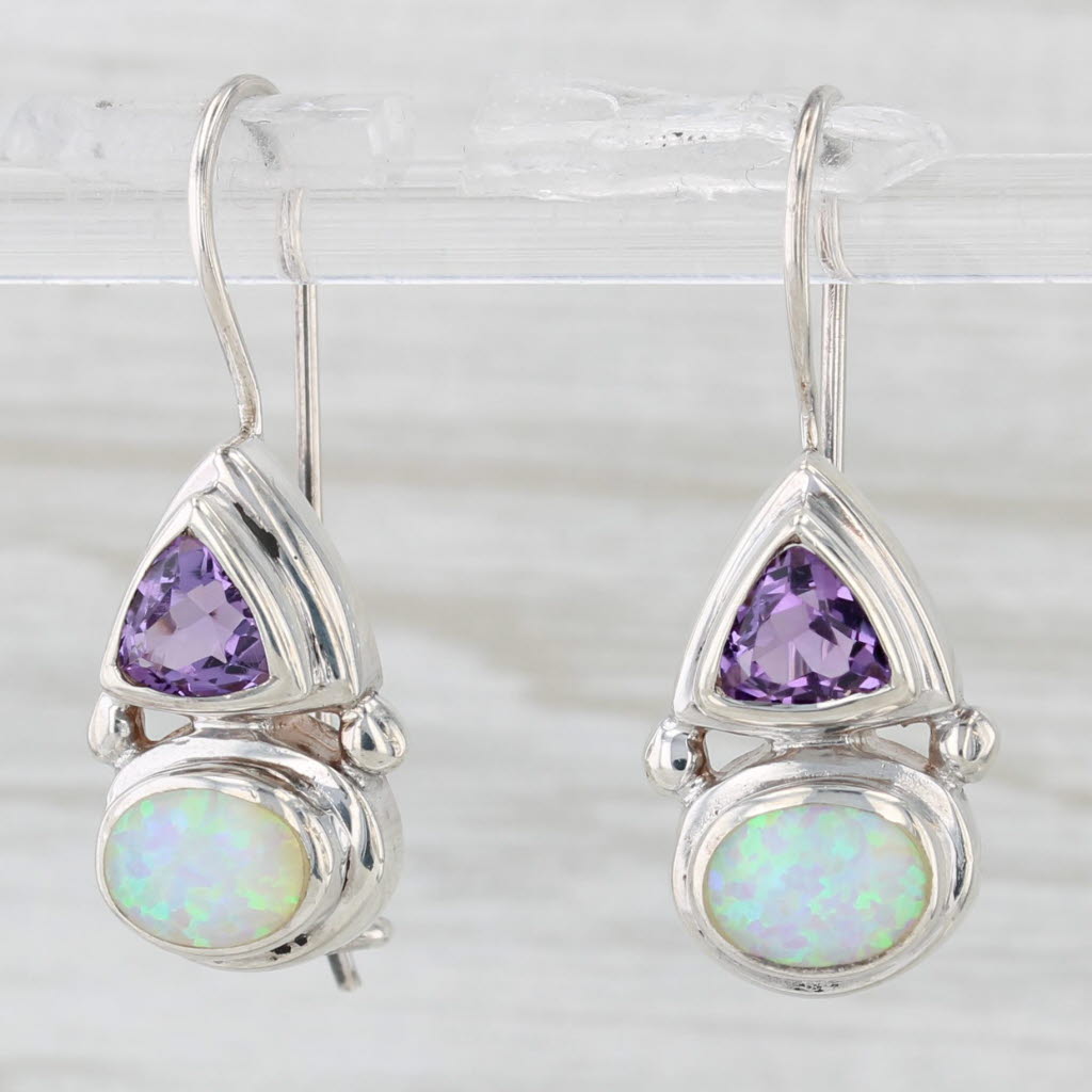 Light Gray Amethyst Lab Created Opal Drop Earrings Sterling Silver Hook Posts