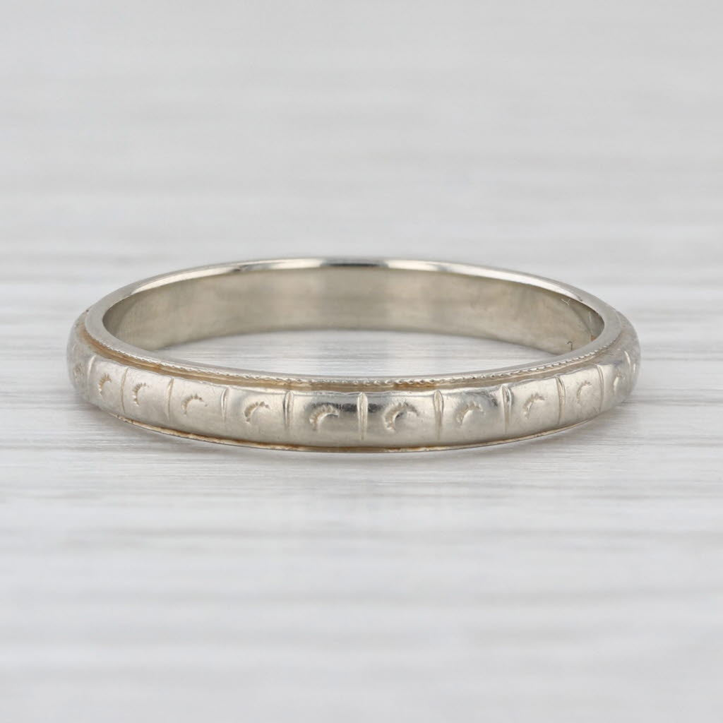 Art Deco Etched Pattern Wedding Band 18k White Gold Size 6.75 Stackable Ring