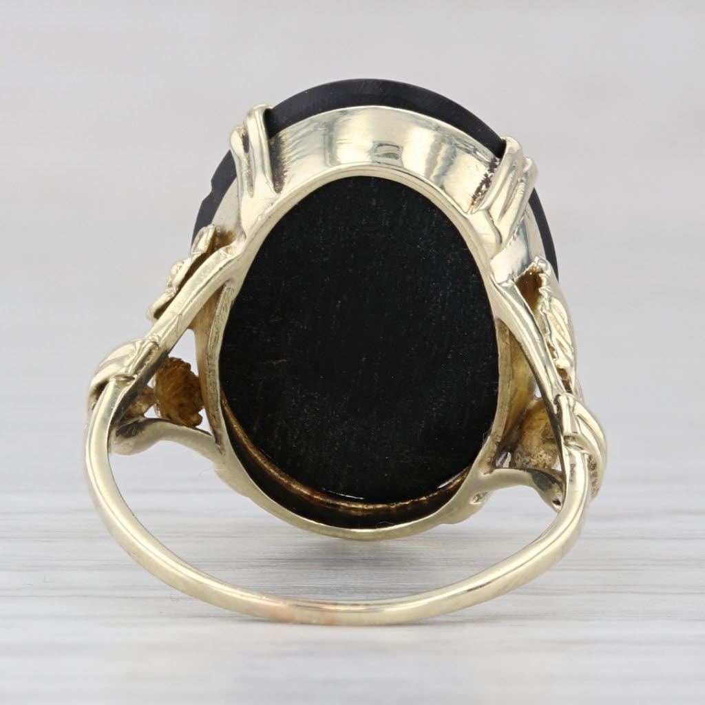 Light Gray Antique Oval Onyx Ring 14k Yellow Gold Floral Accents Size 6.75