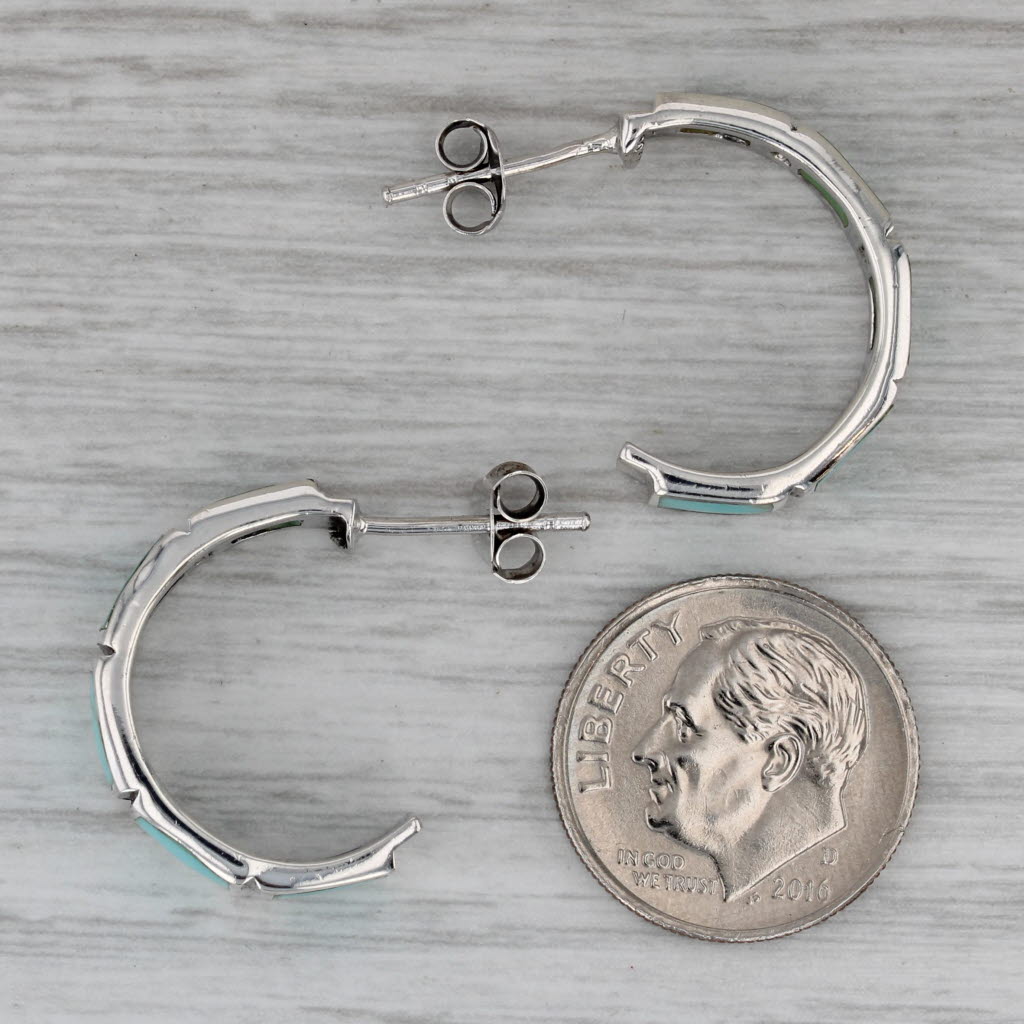 Dark Gray Imitation Turquoise Hoop Earrings Sterling Silver Round Hoops Inlayed Mosaic