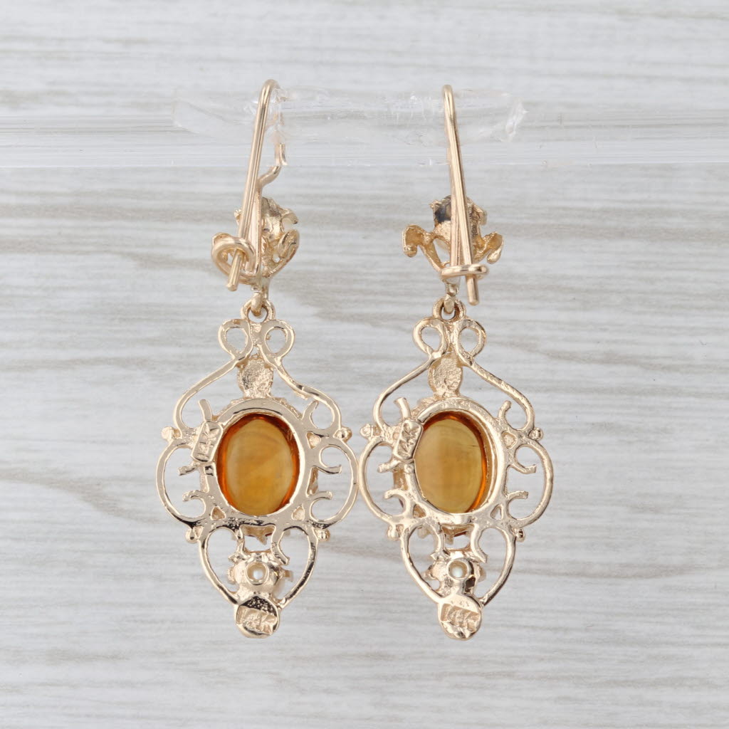 Vintage Citrine Cultured Pearl Dangle Earrings 14k Yellow Gold Hook Posts
