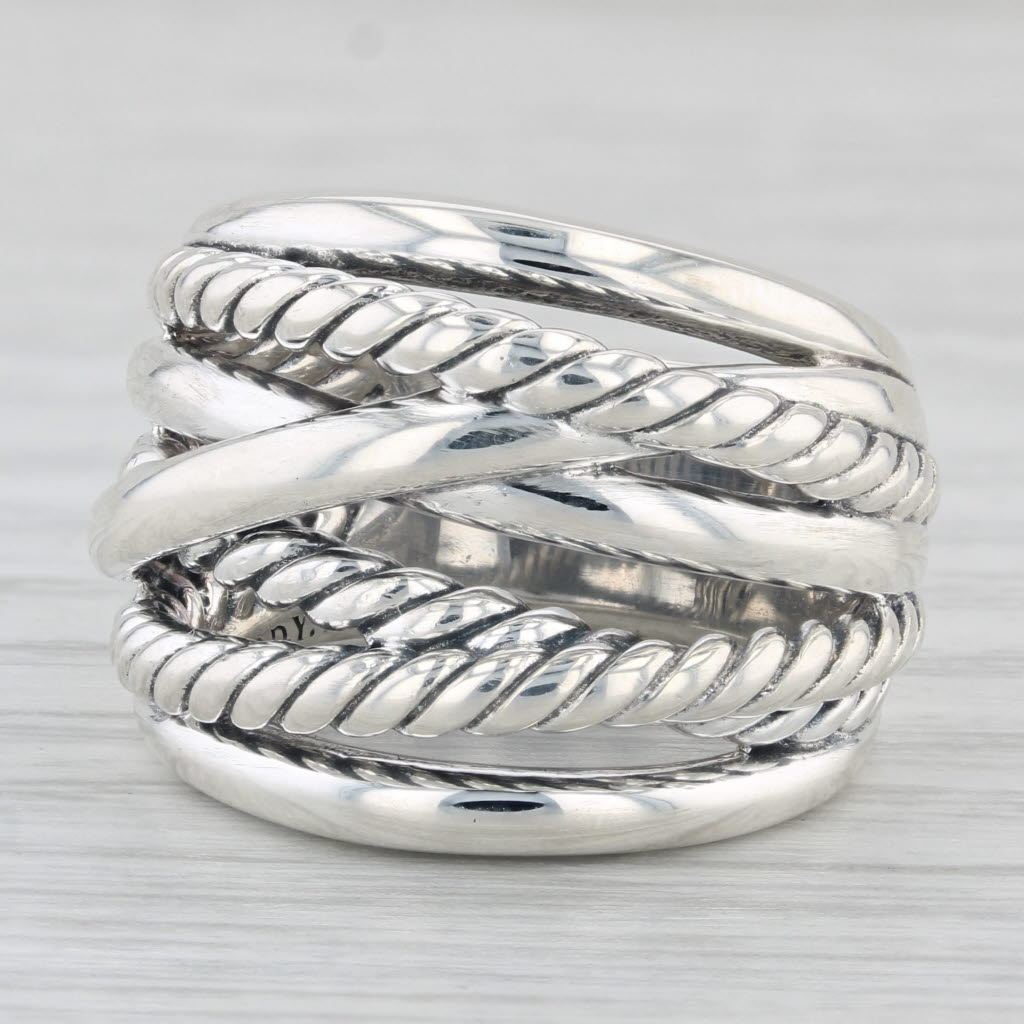 Light Gray David Yurman Wide Crossover Cable Ring Sterling Silver Size 6