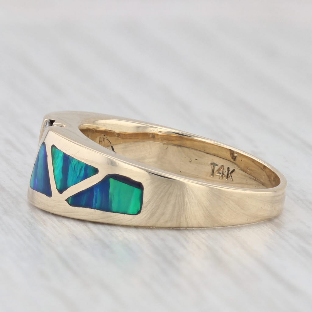 Light Gray Lab Created Blue Green Opal Mosaic Diamond Ring 14k Yellow Gold Size 6.25
