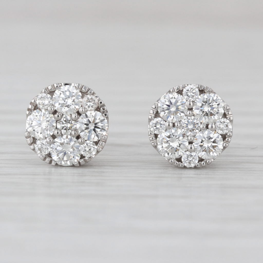 1ctw VS2 G-H Diamond Cluster Stud Earrings 14k White Gold Screw Back Studs