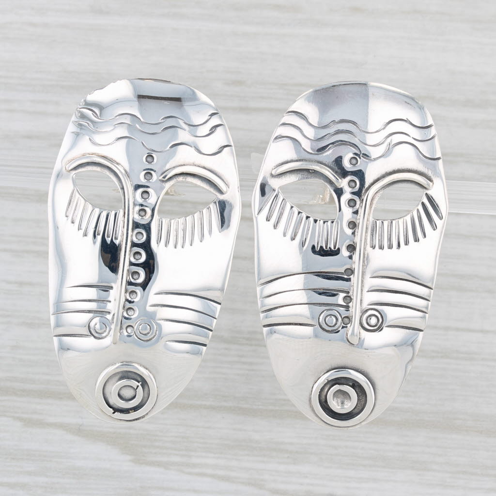Light Gray Woods Tribal Mask Statement Earrings Sterling Silver Vintage Drops