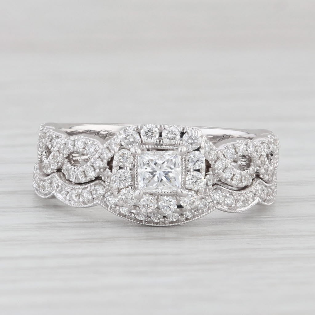 Light Gray Neil Lane 1.16ctw Diamond Halo Engagement Ring Wedding Band 14k White Gold