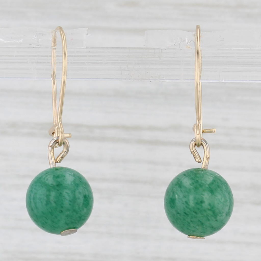Light Gray Green Aventurine Bead Dangle Earrings 14k Yellow Gold Hook Post Drops