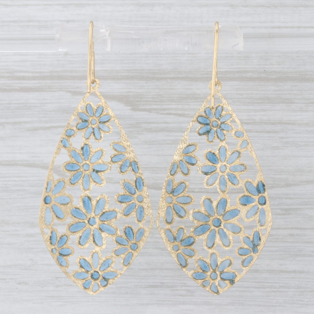 Blue Resin Flower Dangle Earrings 14k Yellow Gold Hook Posts Lightweight