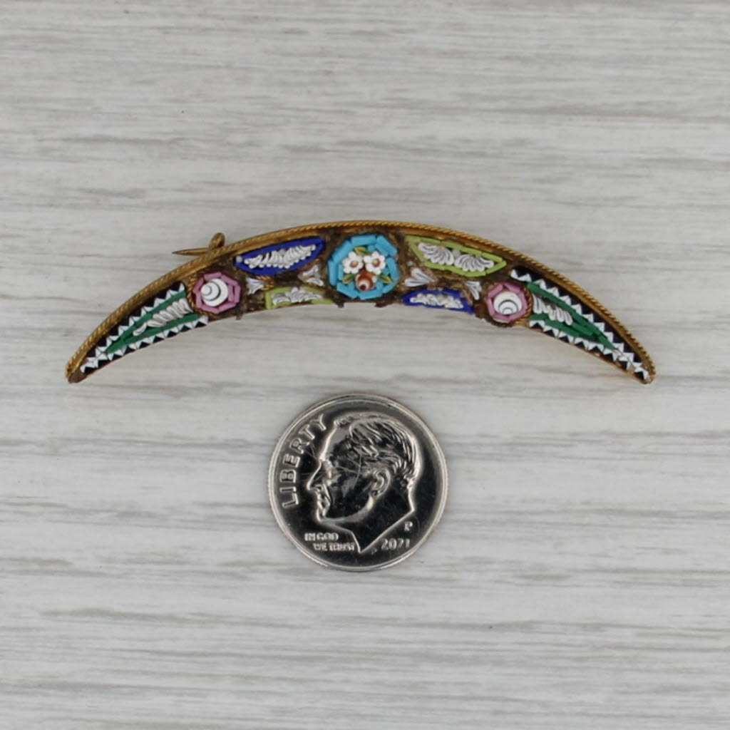 Antique Glass Micro Mosaic Crescent Brooch Gold Filled Pin