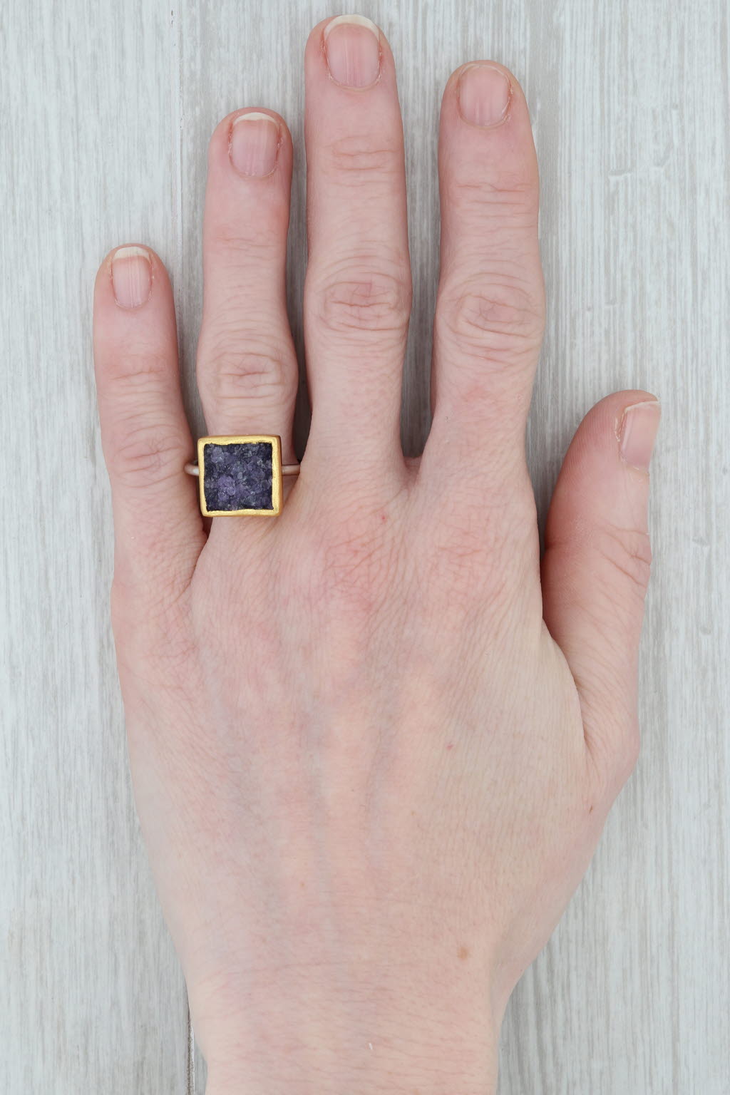 New Nina Wynn Druzy Quartz Amethyst Ring Sterling Silver 22k Gold Vermeil Sz 7