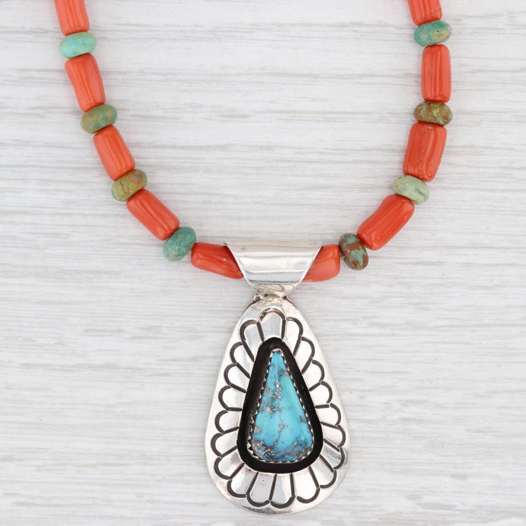 Light Gray Jackson Turquoise Coral Bead Necklace Sterling Silver Native American Navajo