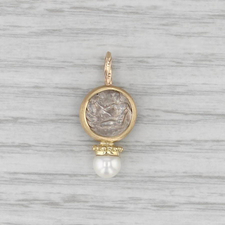 Cultured Pearl Silver Grecian Coin Replica Pendant 14k 18k Sterling Drop Charm