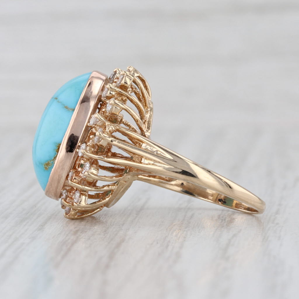 Turquoise Oval Cabochon Diamond Halo Ring 14k Yellow Gold Size 8 Cocktail