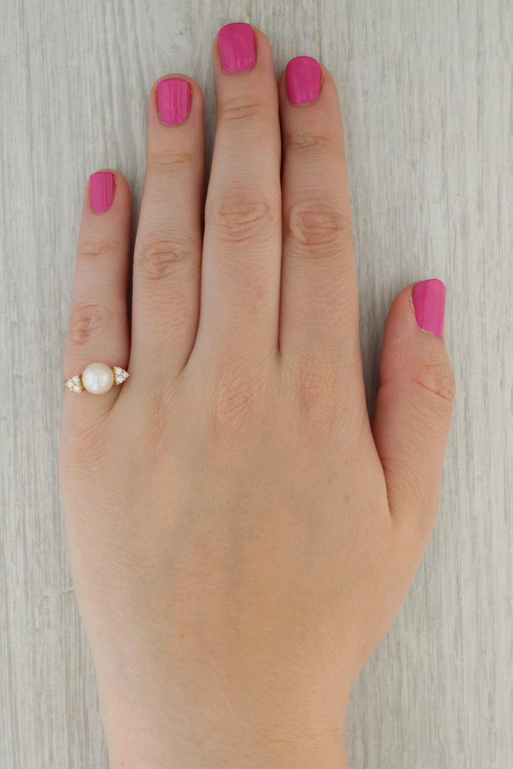 Rosy Brown Cultured Pearl Diamond Clusters Ring 14k Yellow Gold Size 5.5
