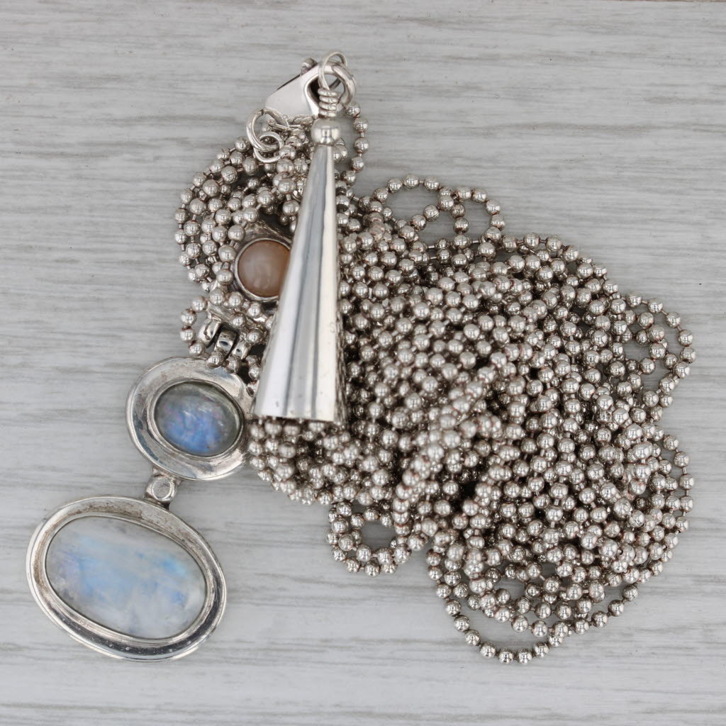 Dark Gray Moonstone Labradorite 3-Stone Pendant Necklace Multistrand Bead Chain 18"