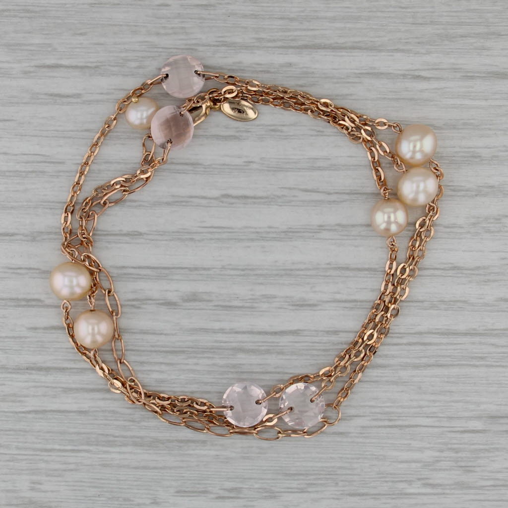Cultured Pearl Rose Quartz Station Necklace 14k Rose Gold 24.5" Adjustable
