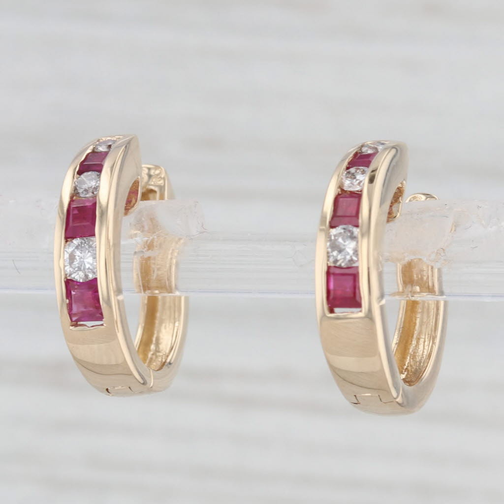 Light Gray 0.84ctw Ruby Diamond Hoop Earrings 14k Yellow Gold Hinged Snap Top Hoops