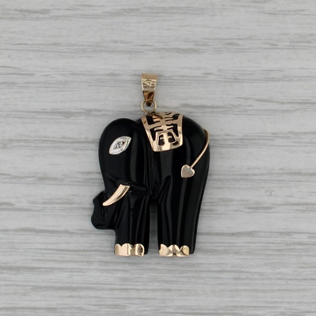 Carved Black Glass Elephant Pendant 14k Gold Longevity Chinese Calligraphy