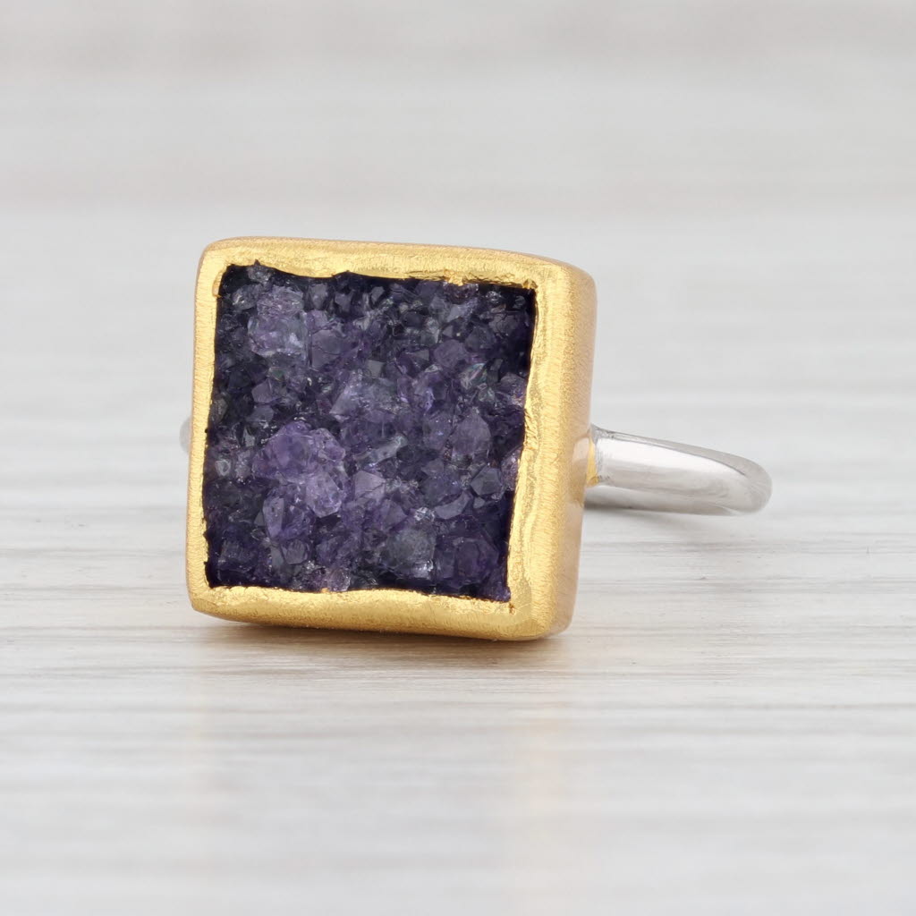 New Nina Wynn Druzy Quartz Amethyst Ring Sterling Silver 22k Gold Vermeil Sz 7