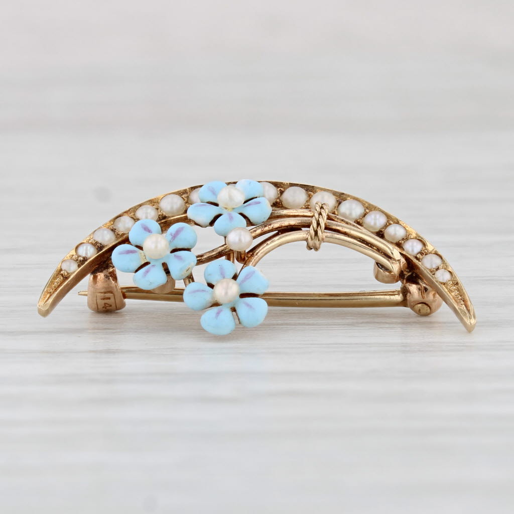 Light Gray Vintage Floral Crescent Brooch 14k Yellow Gold Enamel Pin