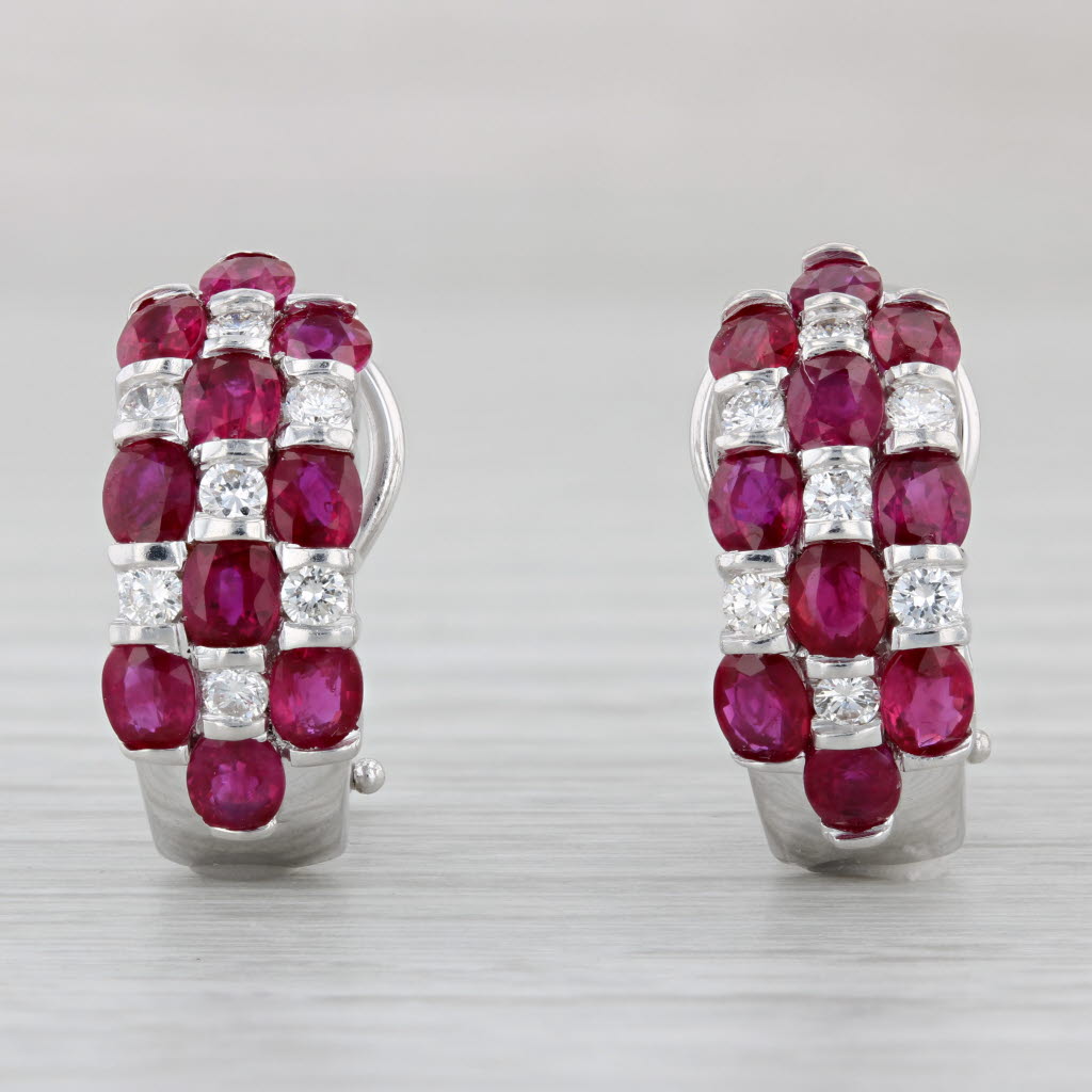 Light Gray 5.50ctw Ruby Diamond Half Hoop Earrings 18k White Gold Pierced Omega Backs