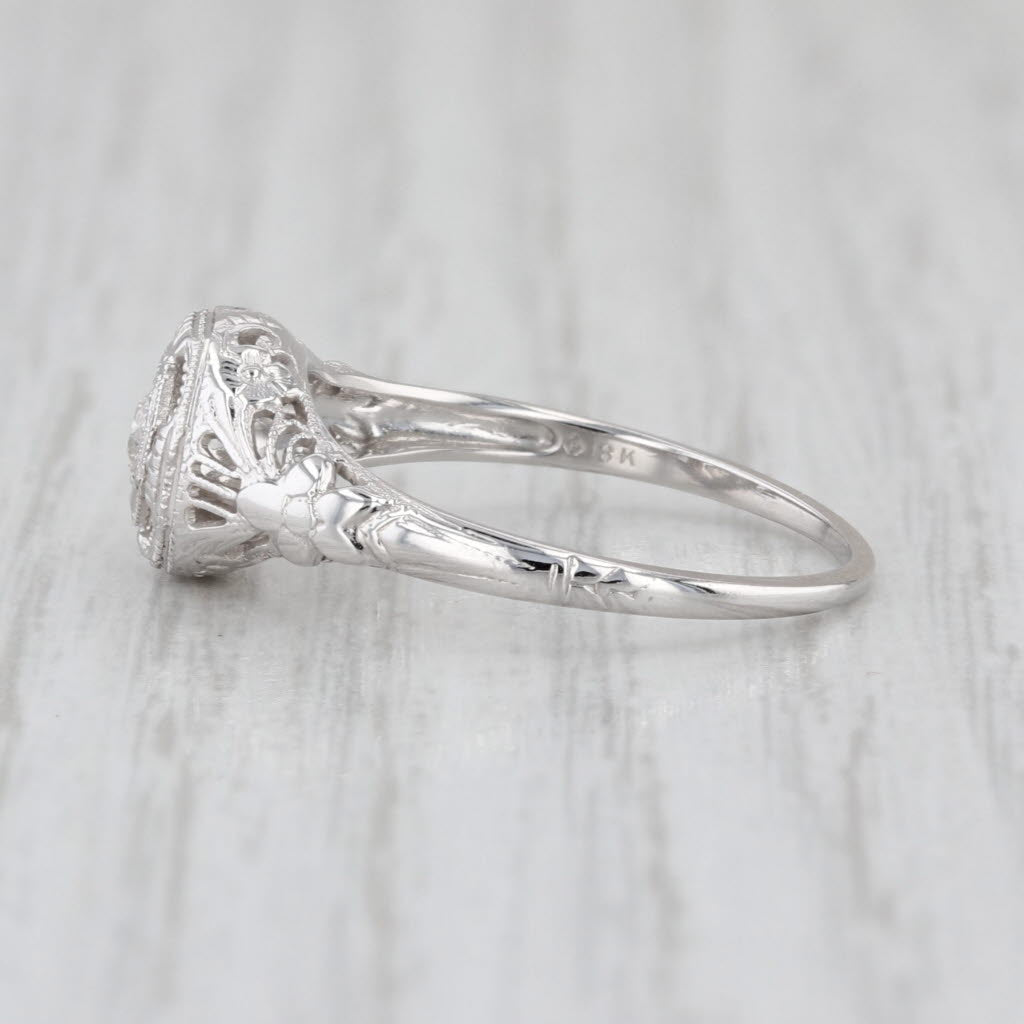 Art Deco Diamond Solitaire Ring 18k White Gold Filigree Size 7.5