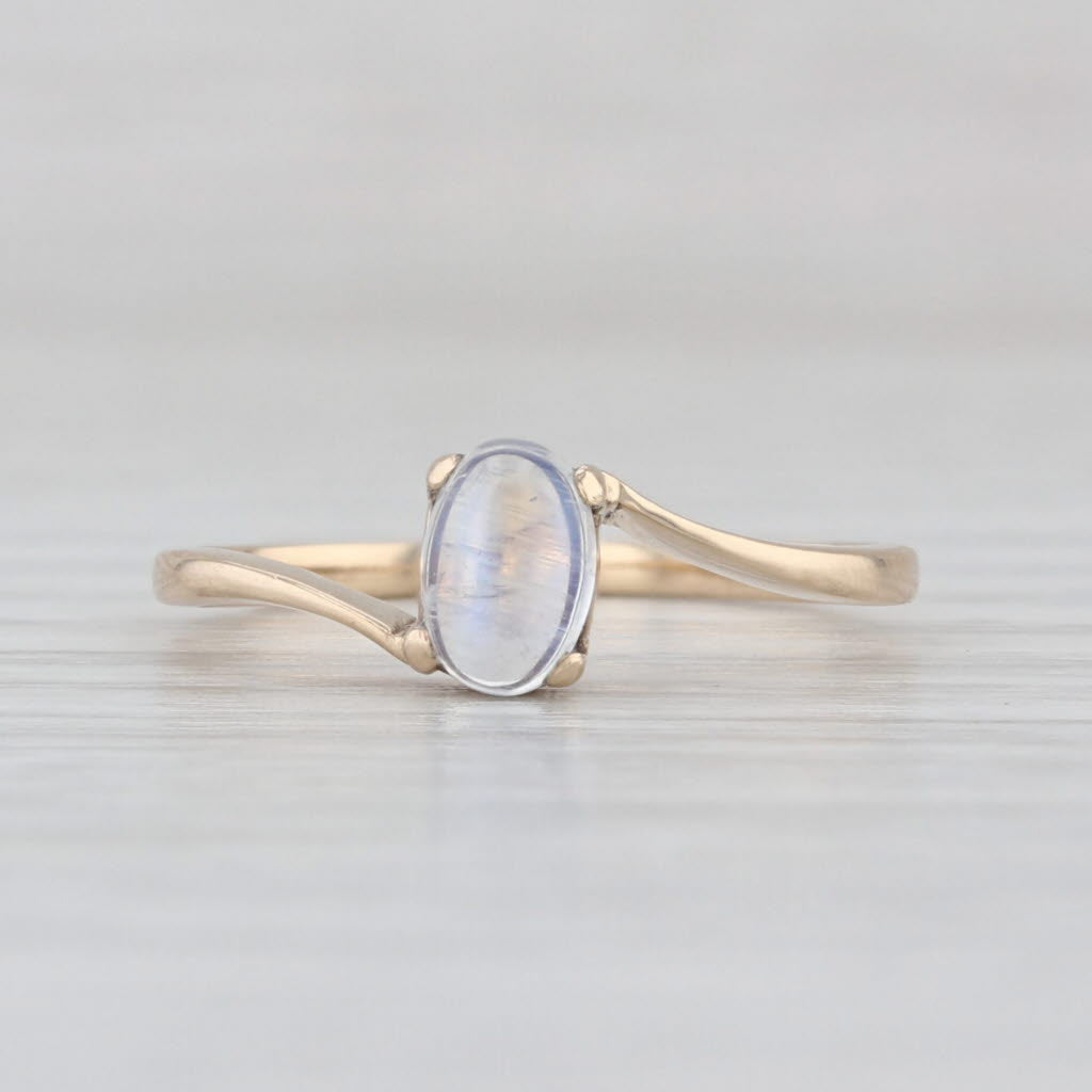 Blue Flash Moonstone Ring 10k Yellow Gold Sz 5.5 Bypass Oval Cabochon Solitaire