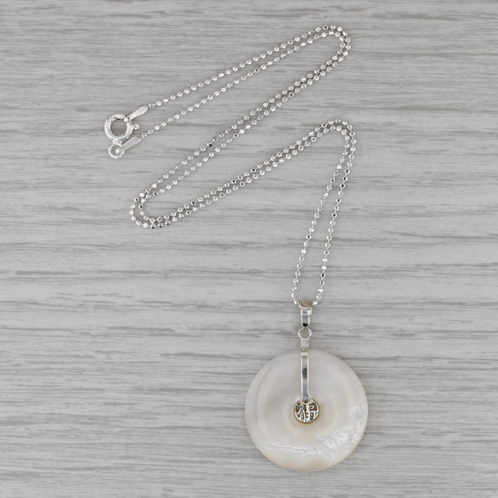 Mother of Pearl Chinese Fu Good Fortune Pendant 16" Necklace Sterling Silver