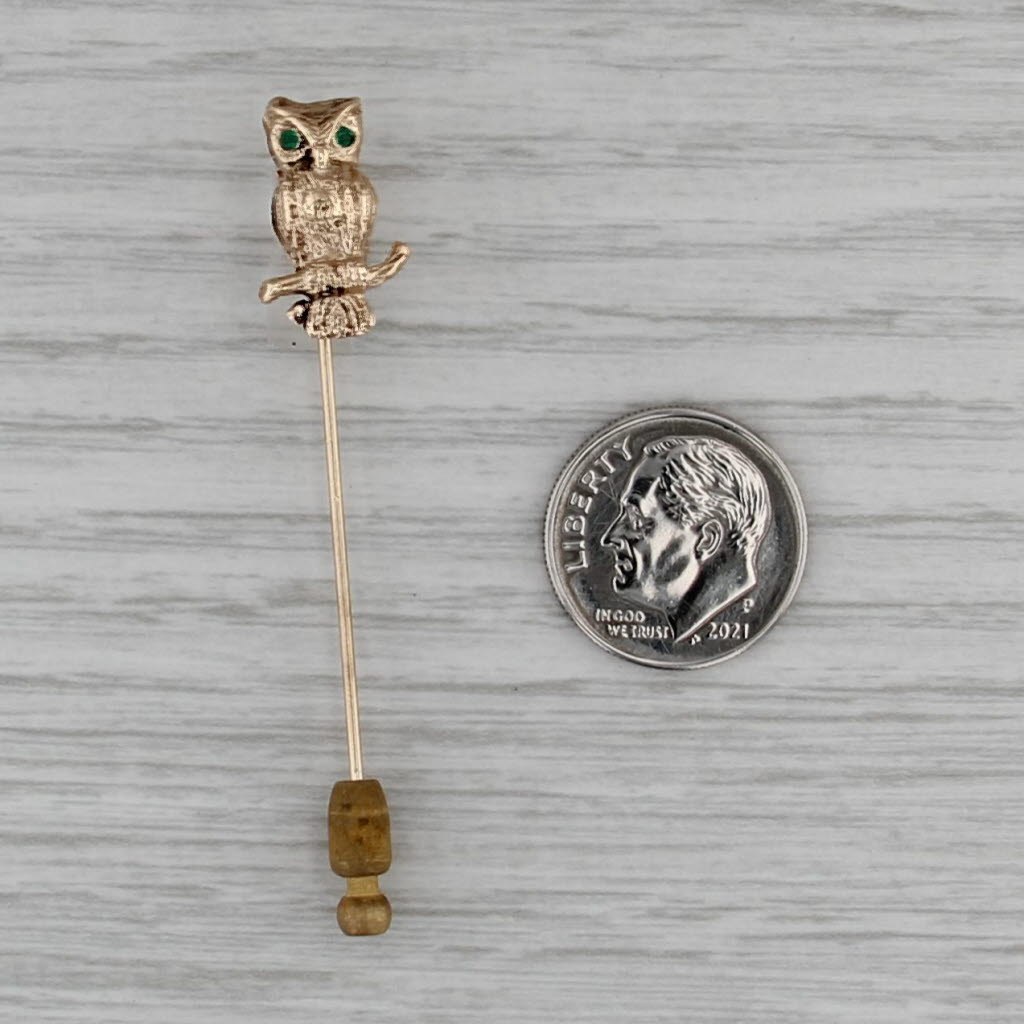 Vintage Owl Stickpin 14k Yellow Gold Emerald Eyes Pin