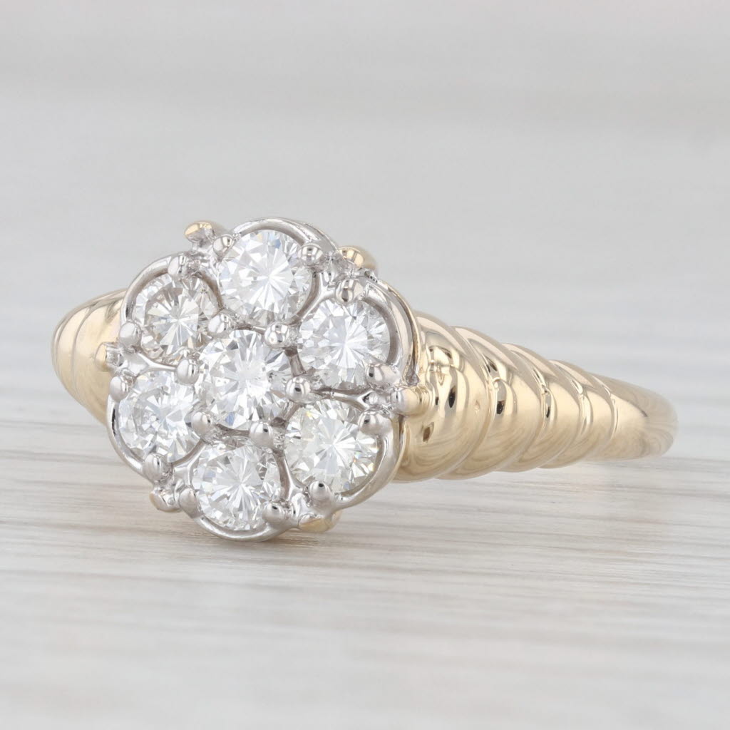 Light Gray 0.95ctw Diamond Cluster Ring 14k Yellow Gold Vintage Engagement Size 9.75