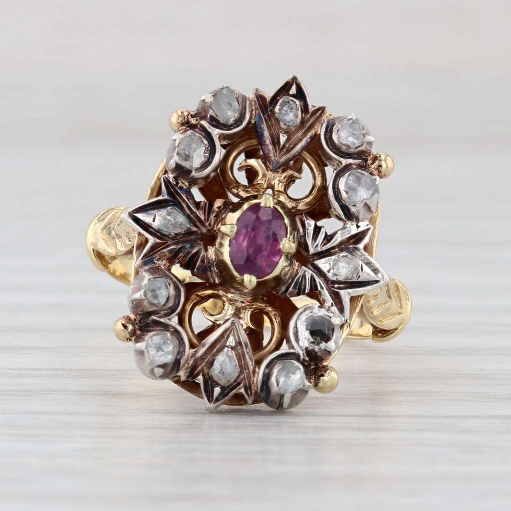 Antique 0.54ctw Ruby Diamond Ornate Floral Ring 18k Gold Silver Size 6.5