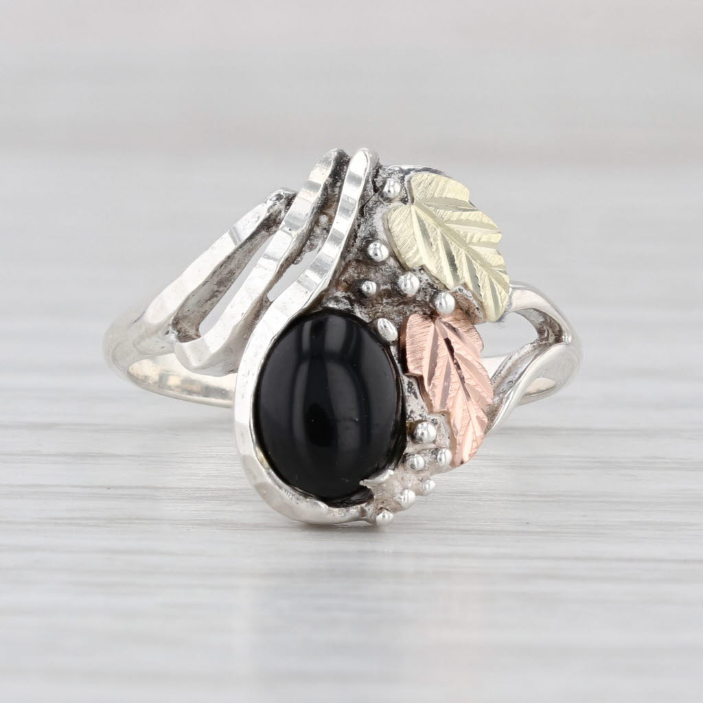 Coleman Co Black Hills Gold Onyx Leaf Ring Sterling Silver 18k Size 8