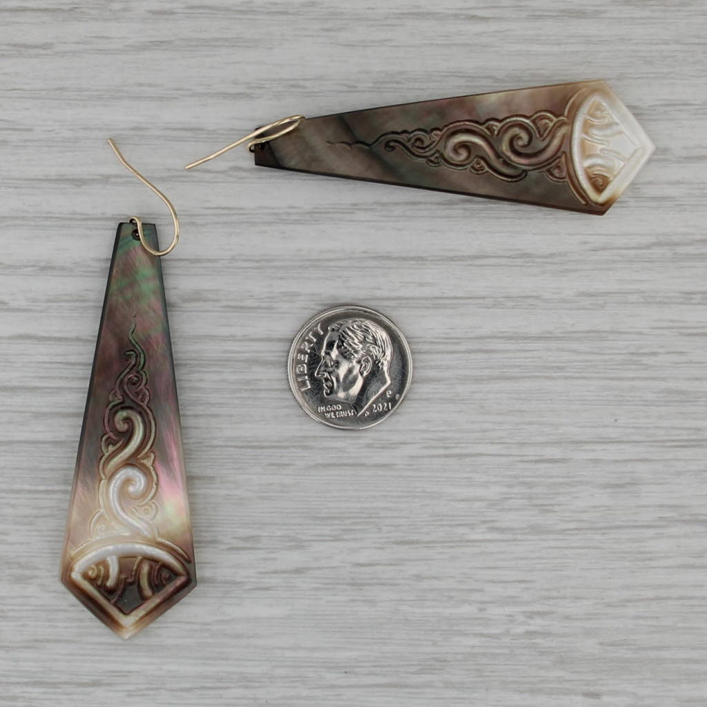 Ornate Carved Mother of Pearl Drop Earrings 14k Yellow Gold Hook Posts Dangles