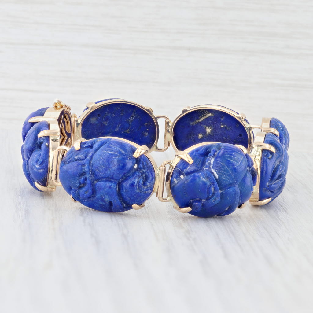 Ornate Carved Oval Cabochon Lapis Lazuli Bracelet 14k Yellow Gold 6.75" 14.4mm