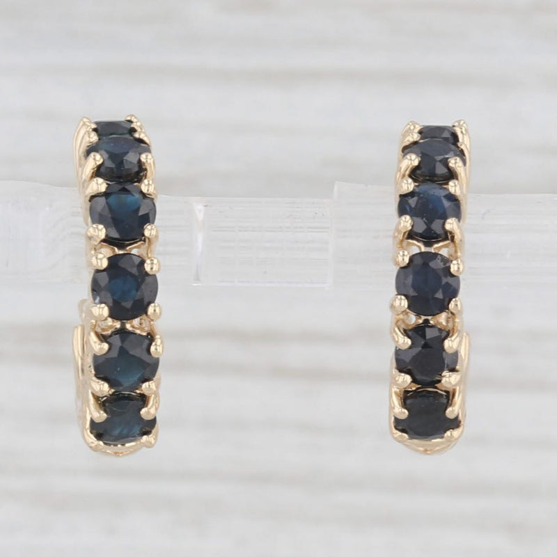 1.60ctw Blue Sapphire Small Hoop Earrings 14k Yellow Gold Snap Top Round Hoops