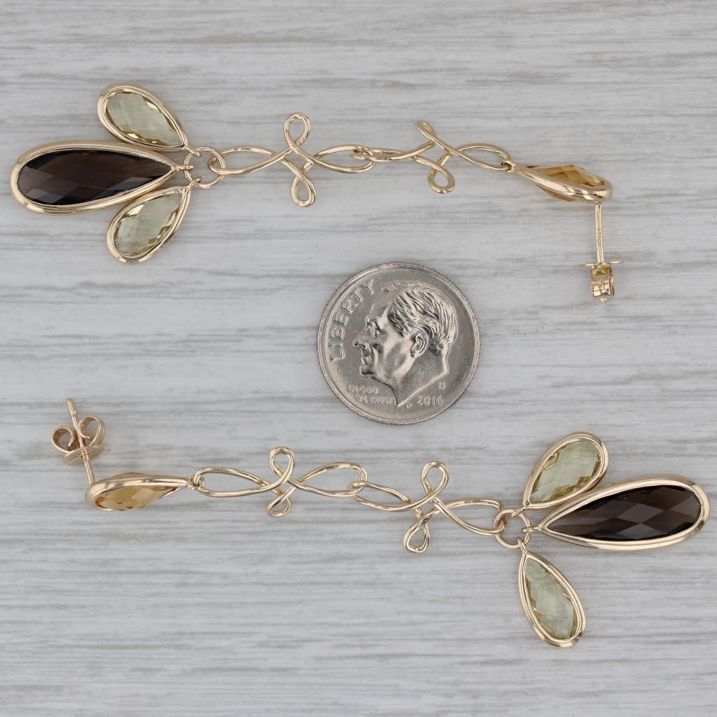 Dark Gray 9.27ctw Lemon Smoky Quartz Citrine Dangle Earrings 14k Yellow Gold