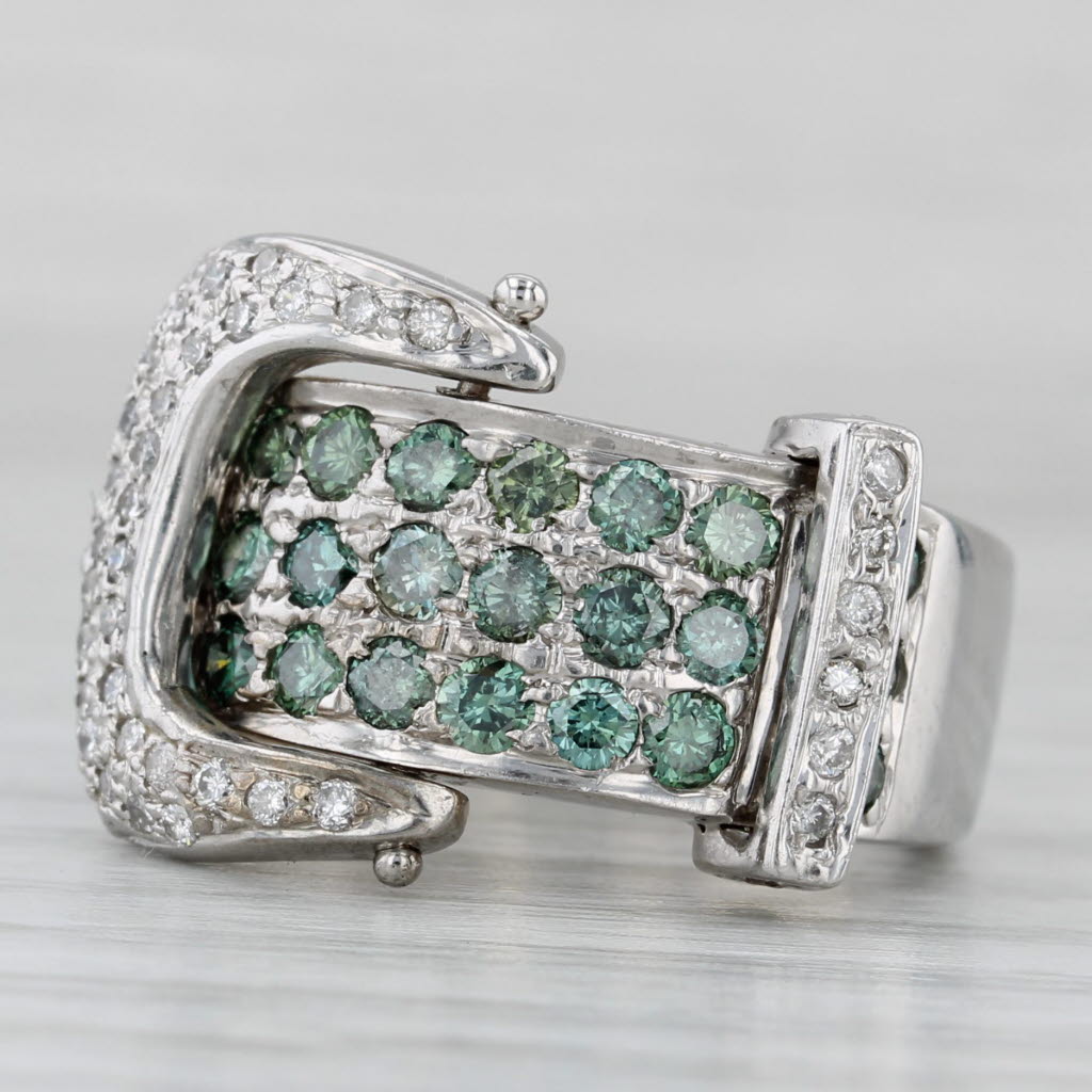 Gray 1.44ctw Green White Diamond Belt Buckle Ring 14k White Gold Size 6 Cocktail